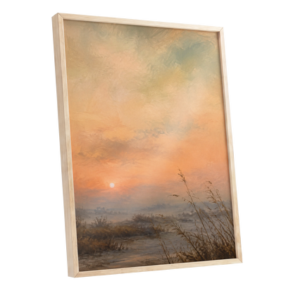 Amber Stillness, orange, beige, brown nature wall art shown as a oak framed poster wall art print