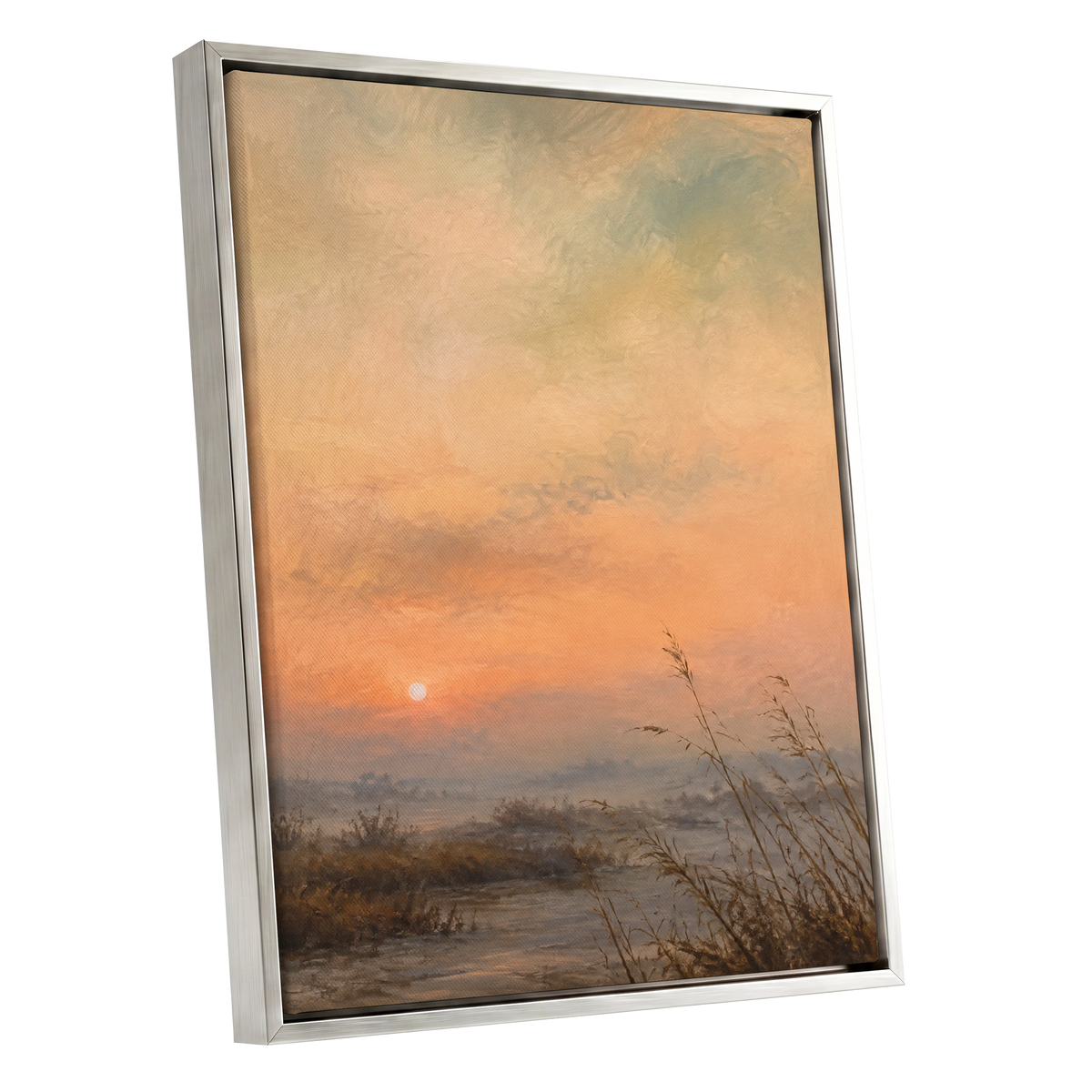 Amber Stillness, orange, beige, brown nature wall art shown as a silver framed canvas wall art