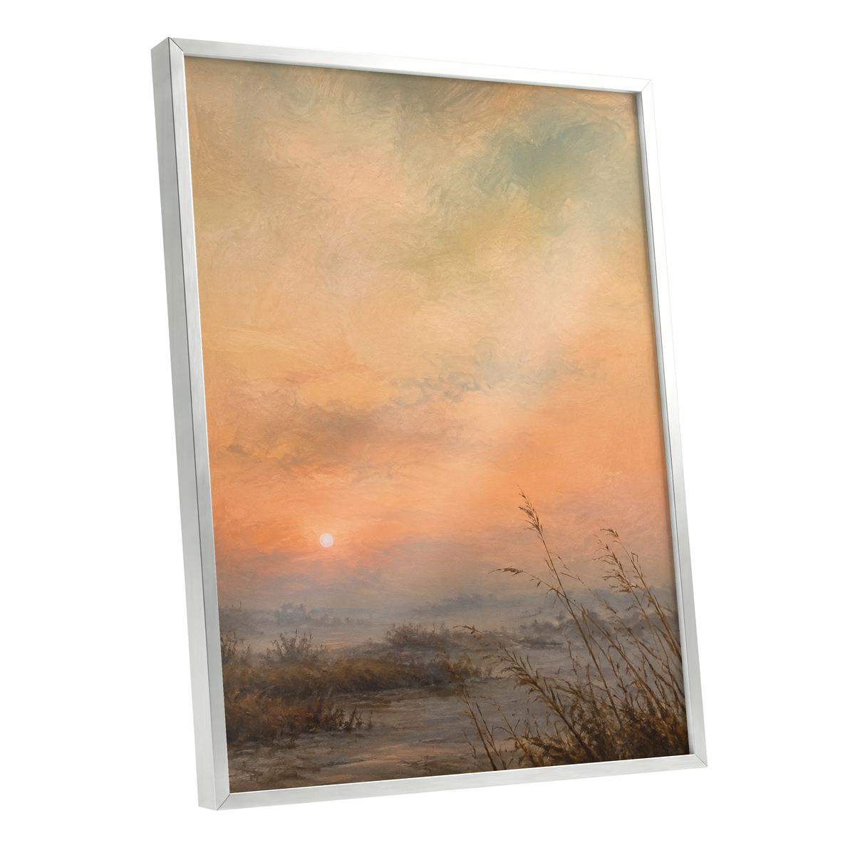 Amber Stillness, orange, beige, brown nature wall art shown as a silver framed poster wall art print