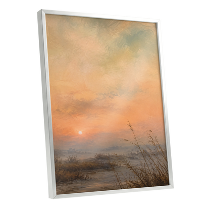 Amber Stillness, orange, beige, brown nature wall art shown as a silver framed poster wall art print