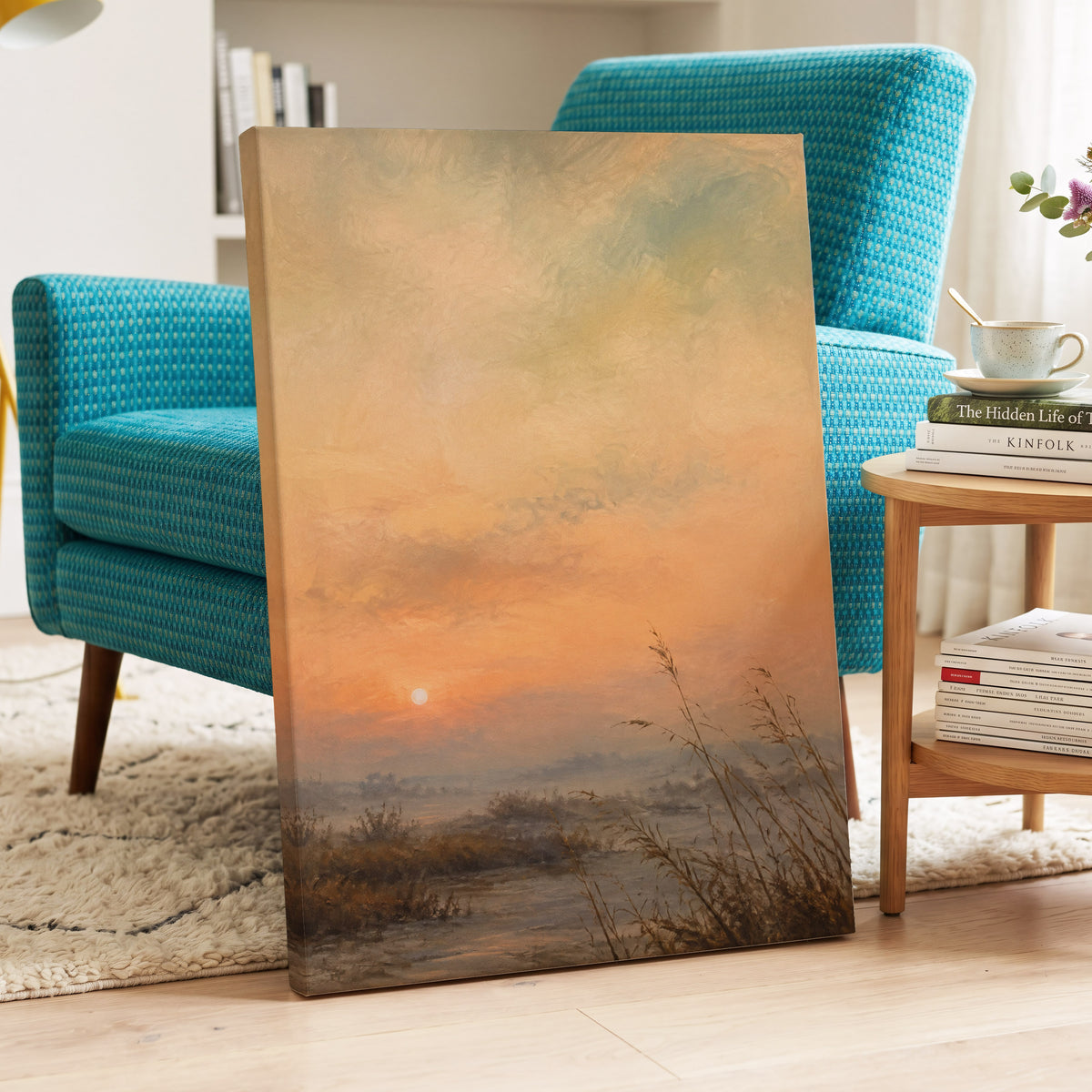 Amber Stillness, orange, beige, brown nature wall art displayed in a styled interior, gallery view 3