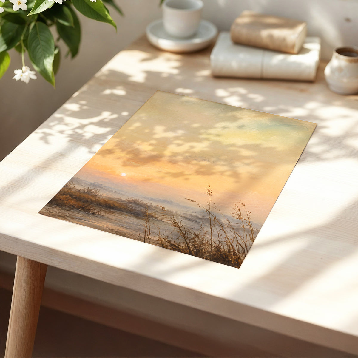 Amber Stillness, orange, beige, brown nature wall art displayed in a styled interior, gallery view 5