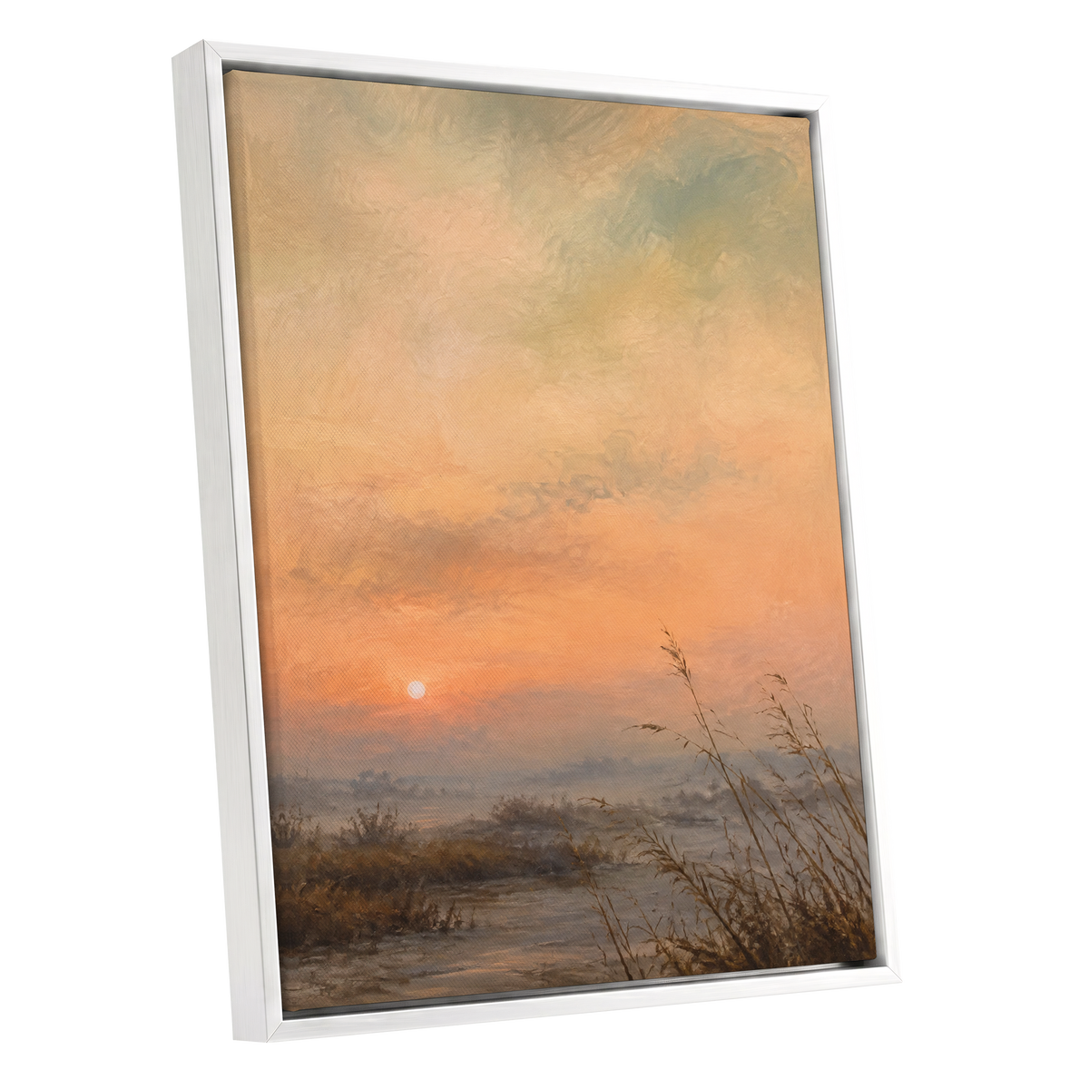 Amber Stillness, orange, beige, brown nature wall art shown as a white framed canvas wall art