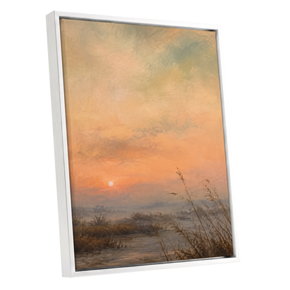 Amber Stillness, orange, beige, brown nature wall art shown as a white framed canvas wall art