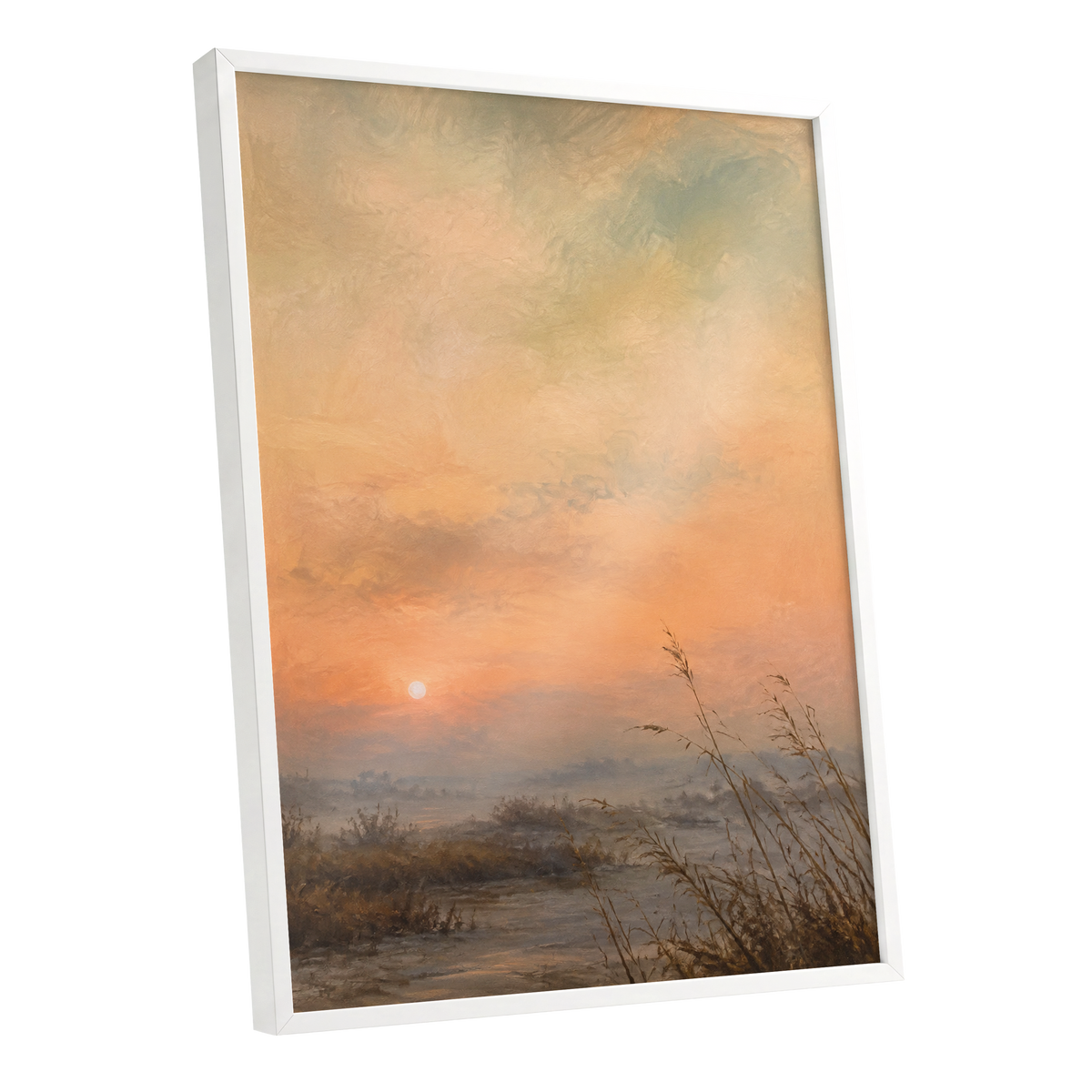 Amber Stillness, orange, beige, brown nature wall art shown as a white framed poster wall art print