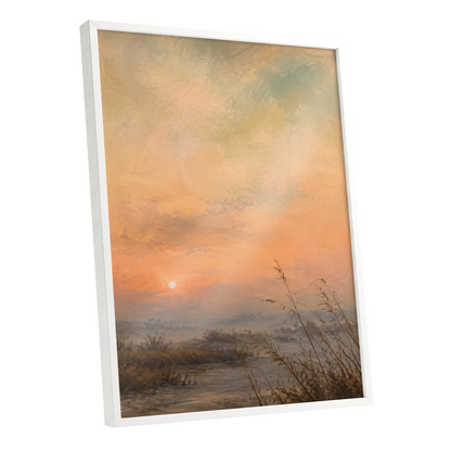 Amber Stillness, orange, beige, brown nature wall art shown as a white framed poster wall art print