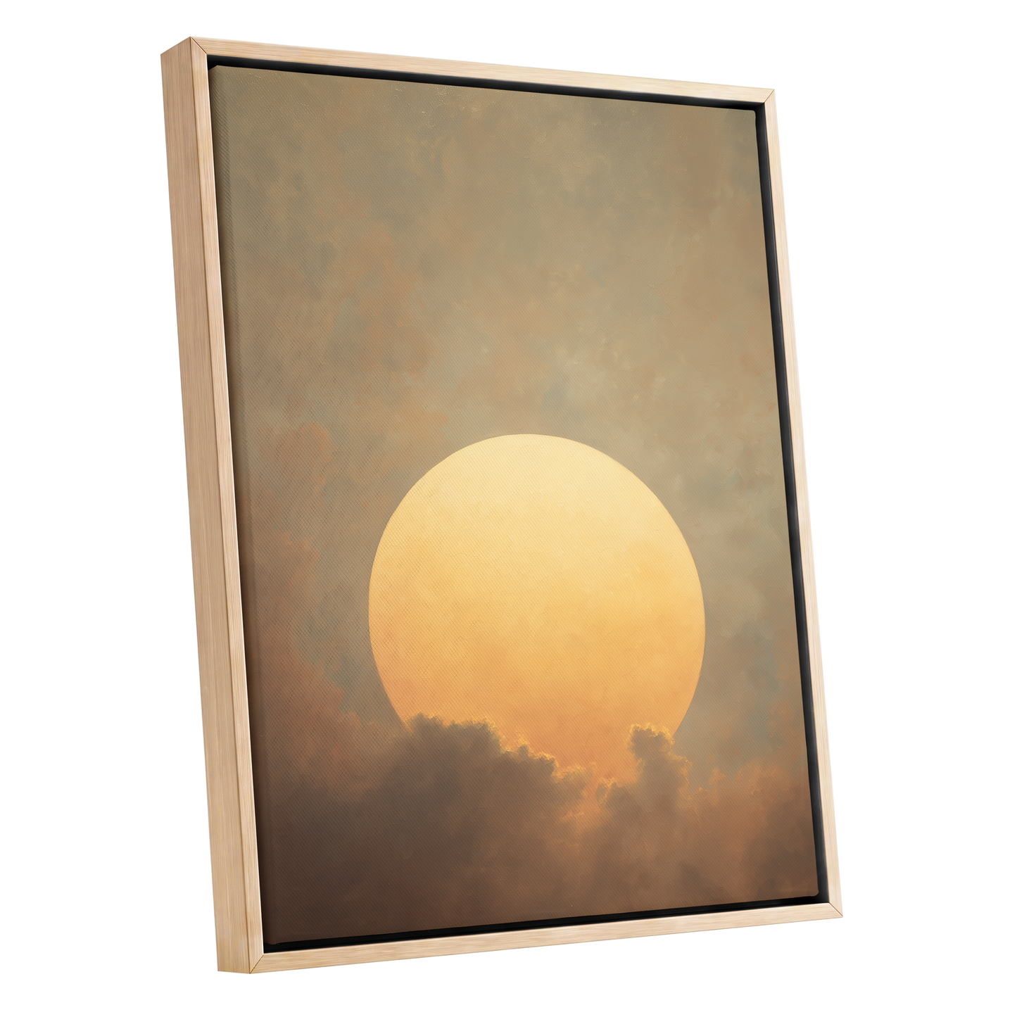 Amber Sun Reverie, gold, beige, brown nature wall art shown as a oak framed canvas wall art