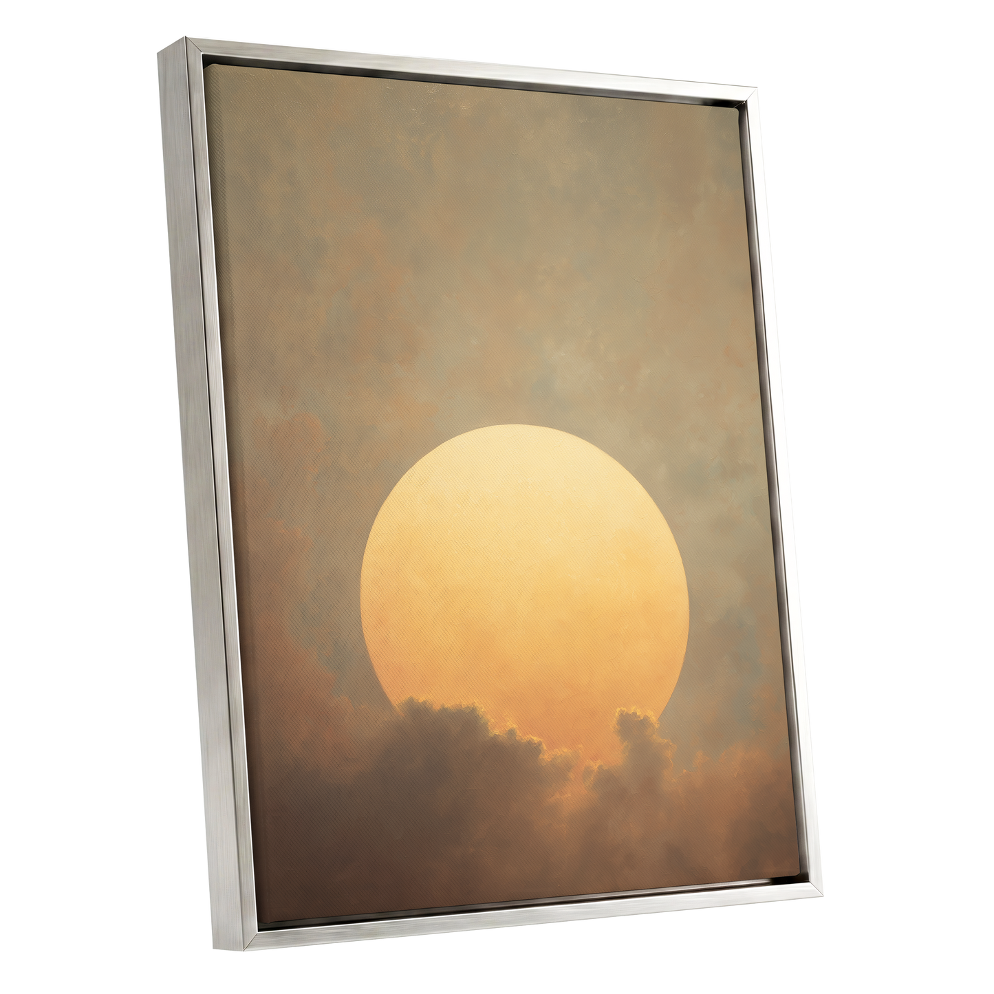 Amber Sun Reverie, gold, beige, brown nature wall art shown as a silver framed canvas wall art