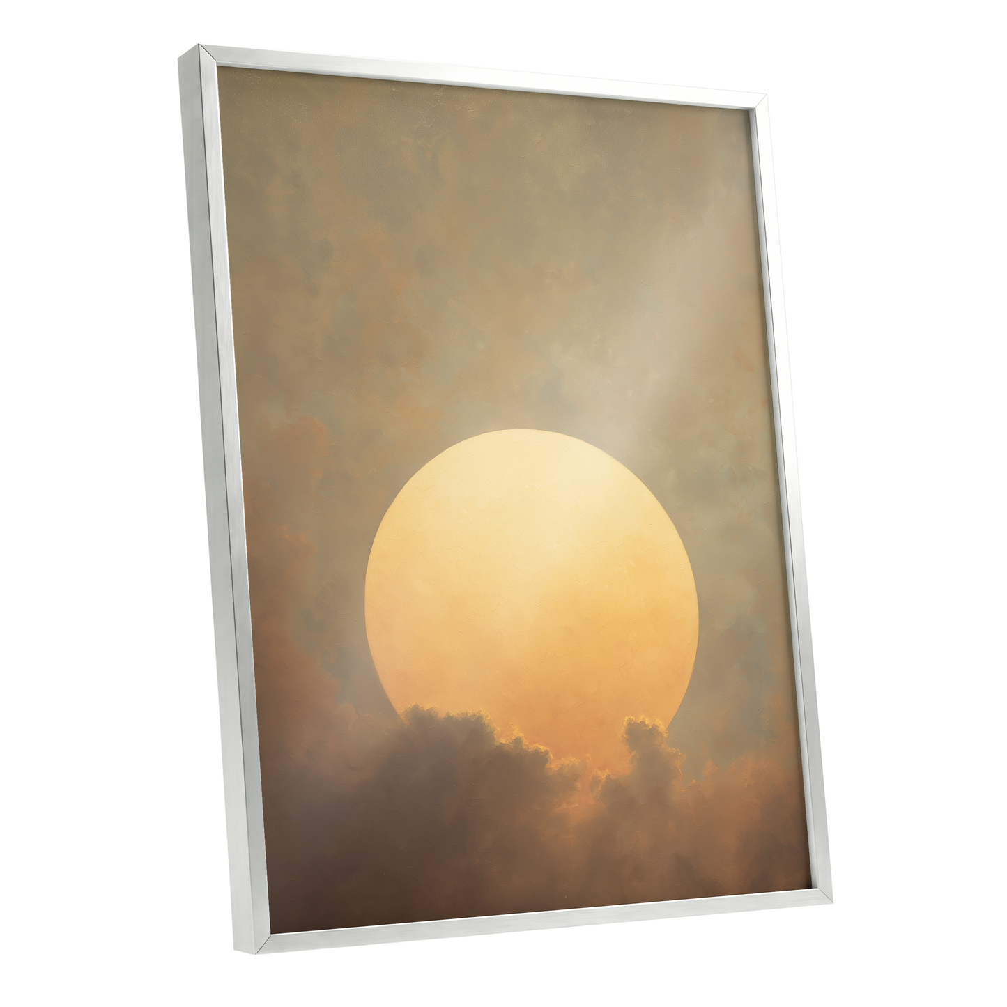 Amber Sun Reverie, gold, beige, brown nature wall art shown as a silver framed poster wall art print