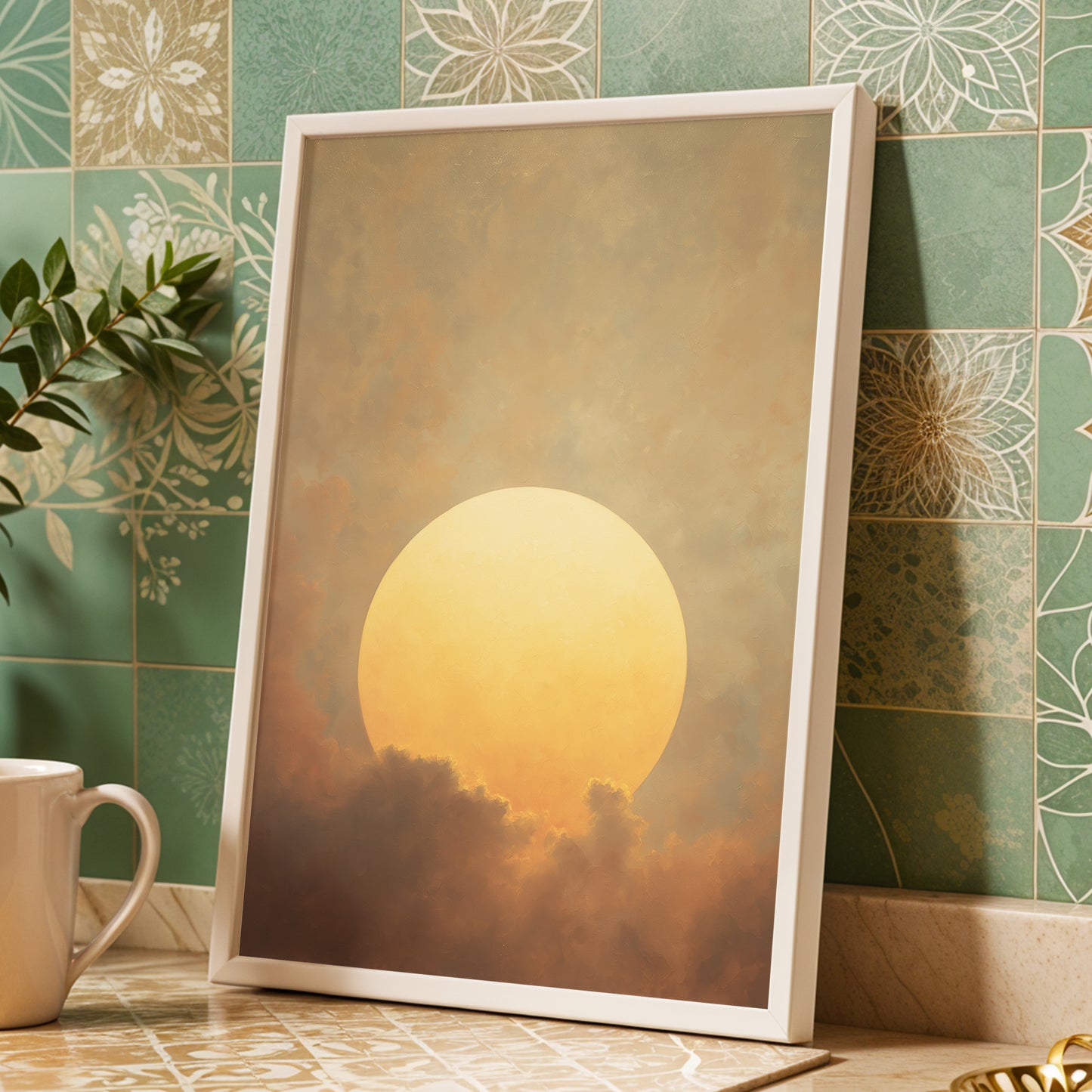 Amber Sun Reverie, gold, beige, brown nature wall art displayed in a styled interior, gallery view 9
