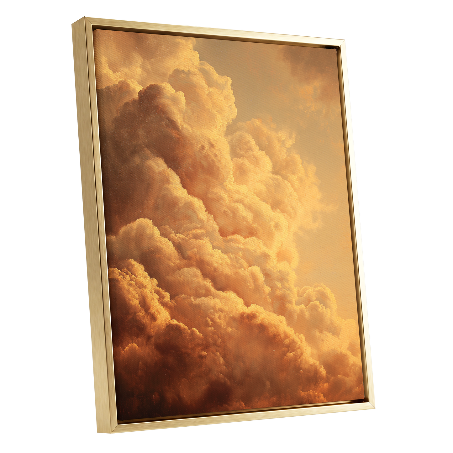 Amber Tempest, gold, orange, brown nature wall art shown as a gold framed canvas wall art