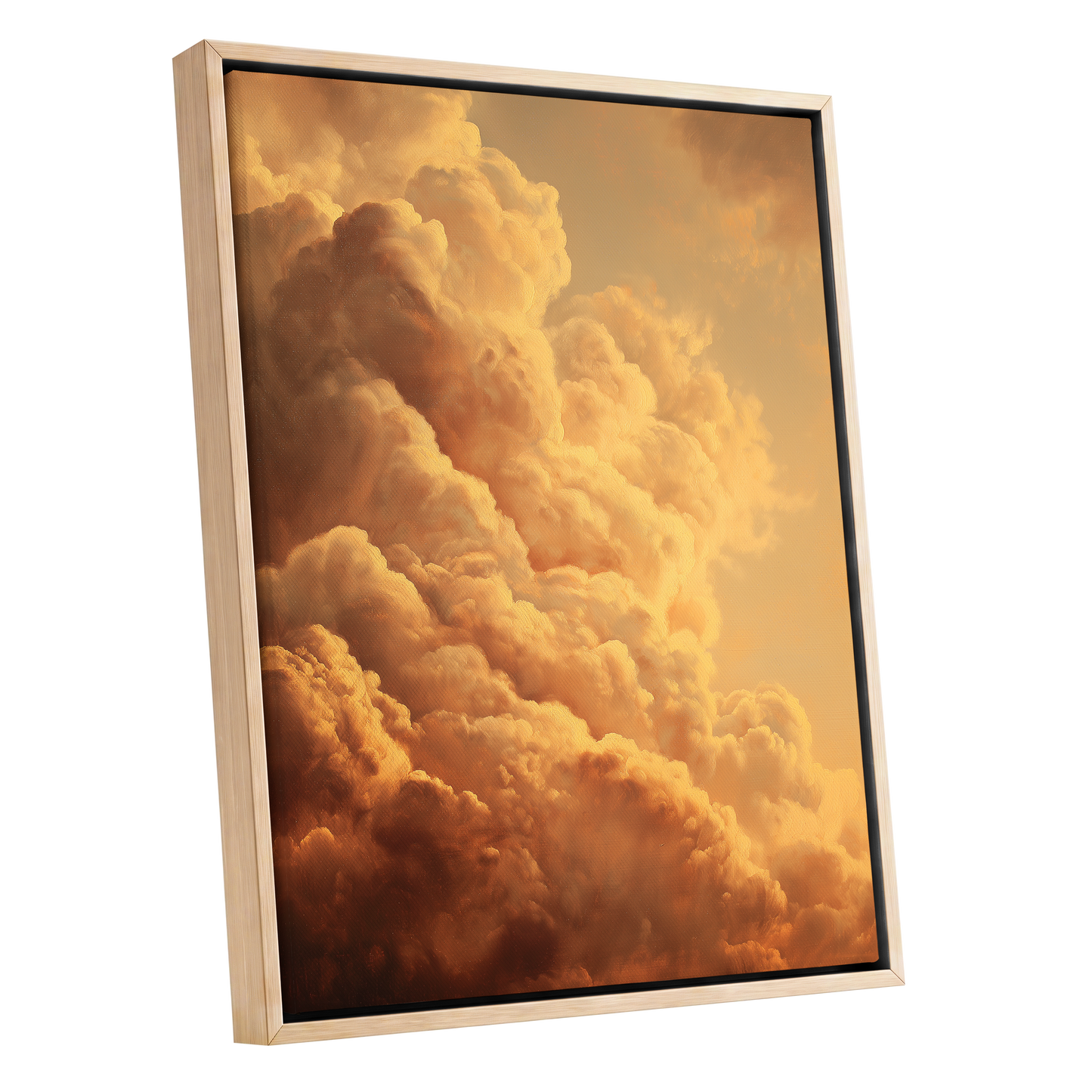 Amber Tempest, gold, orange, brown nature wall art shown as a oak framed canvas wall art