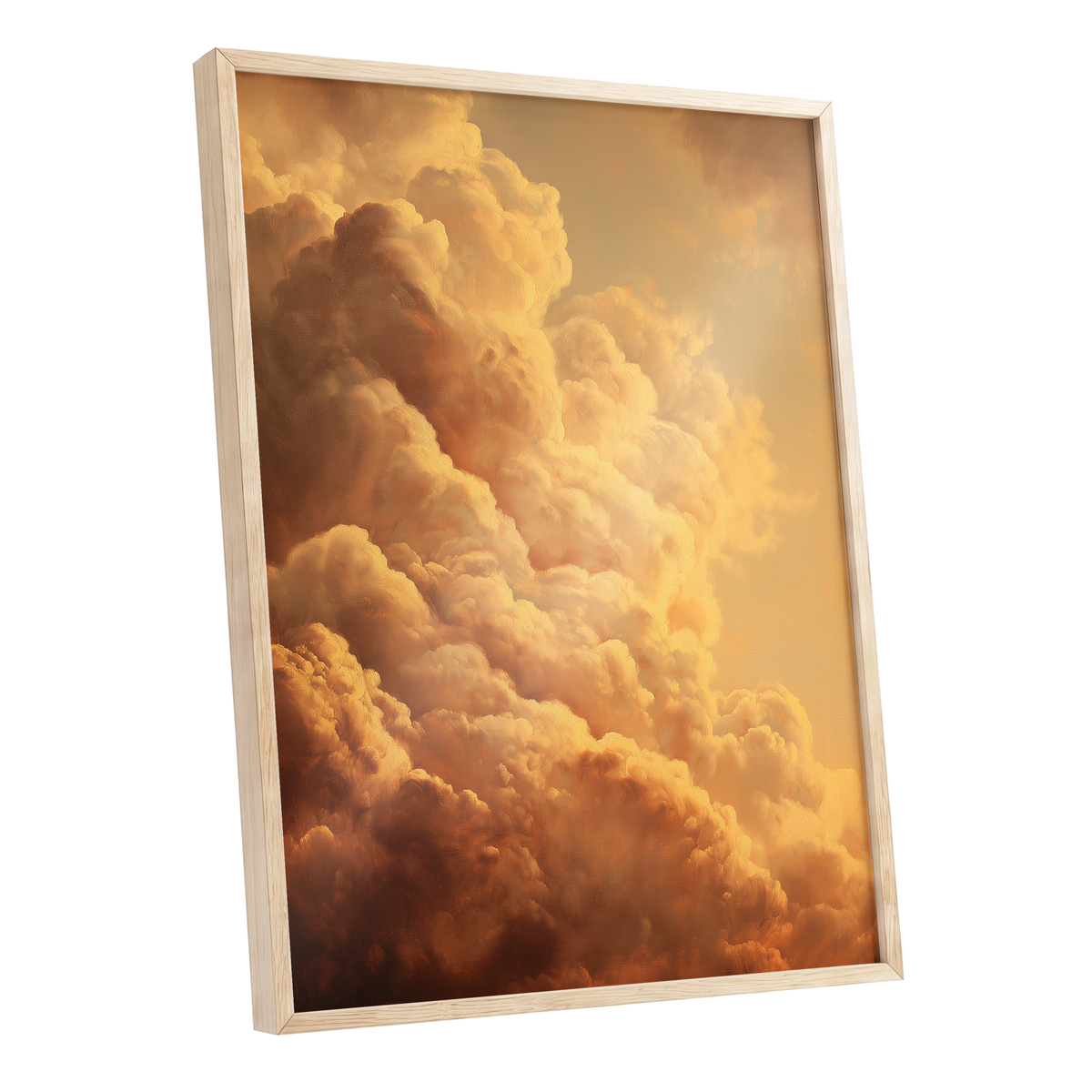 Amber Tempest, gold, orange, brown nature wall art shown as a oak framed poster wall art print