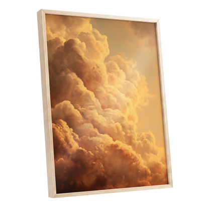 Amber Tempest, gold, orange, brown nature wall art shown as a oak framed poster wall art print