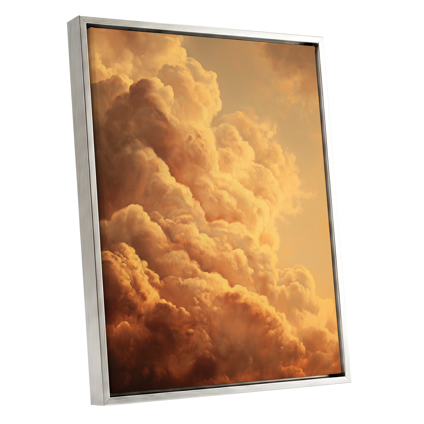 Amber Tempest, gold, orange, brown nature wall art shown as a silver framed canvas wall art