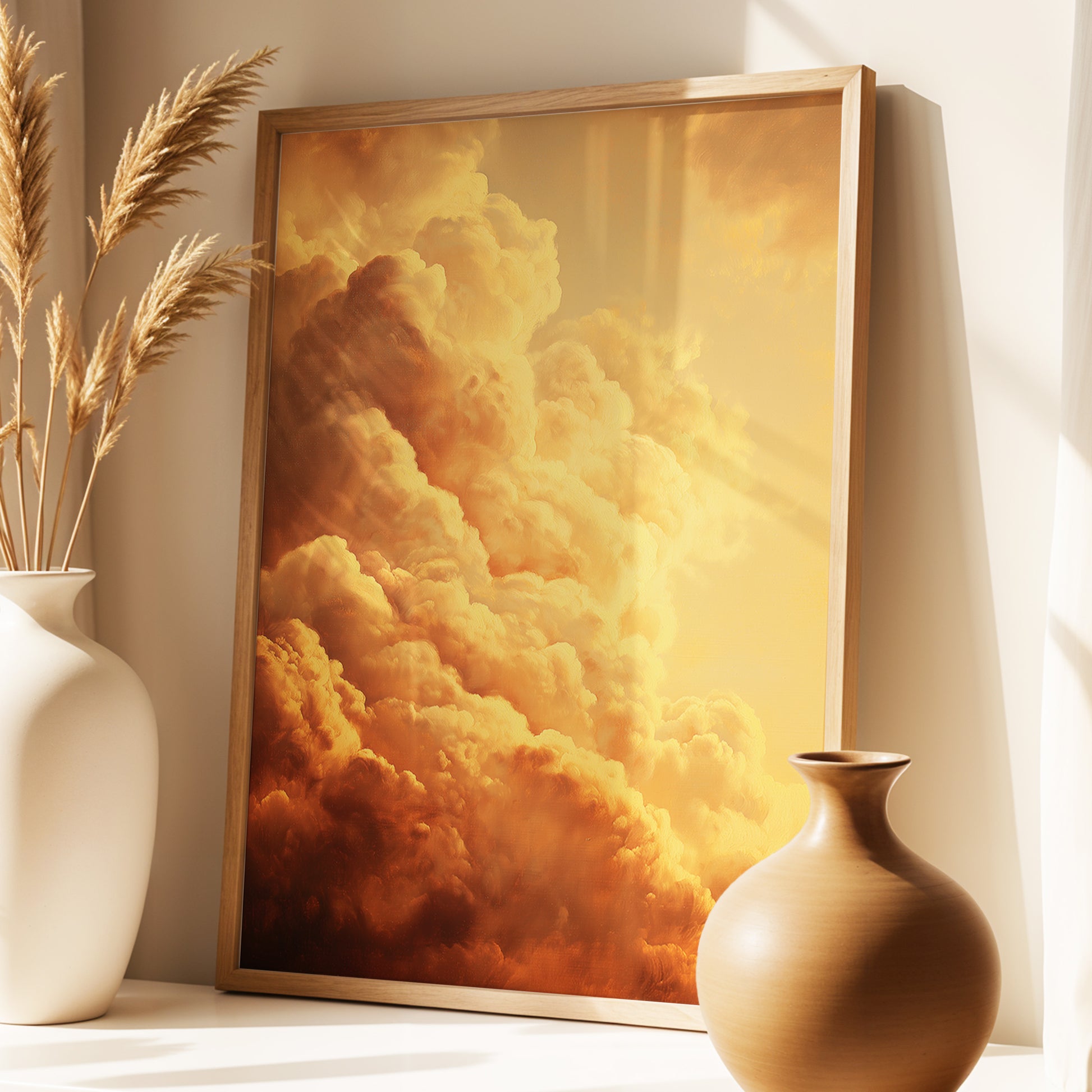 Amber Tempest, gold, orange, brown nature wall art displayed in a styled interior, gallery view 9