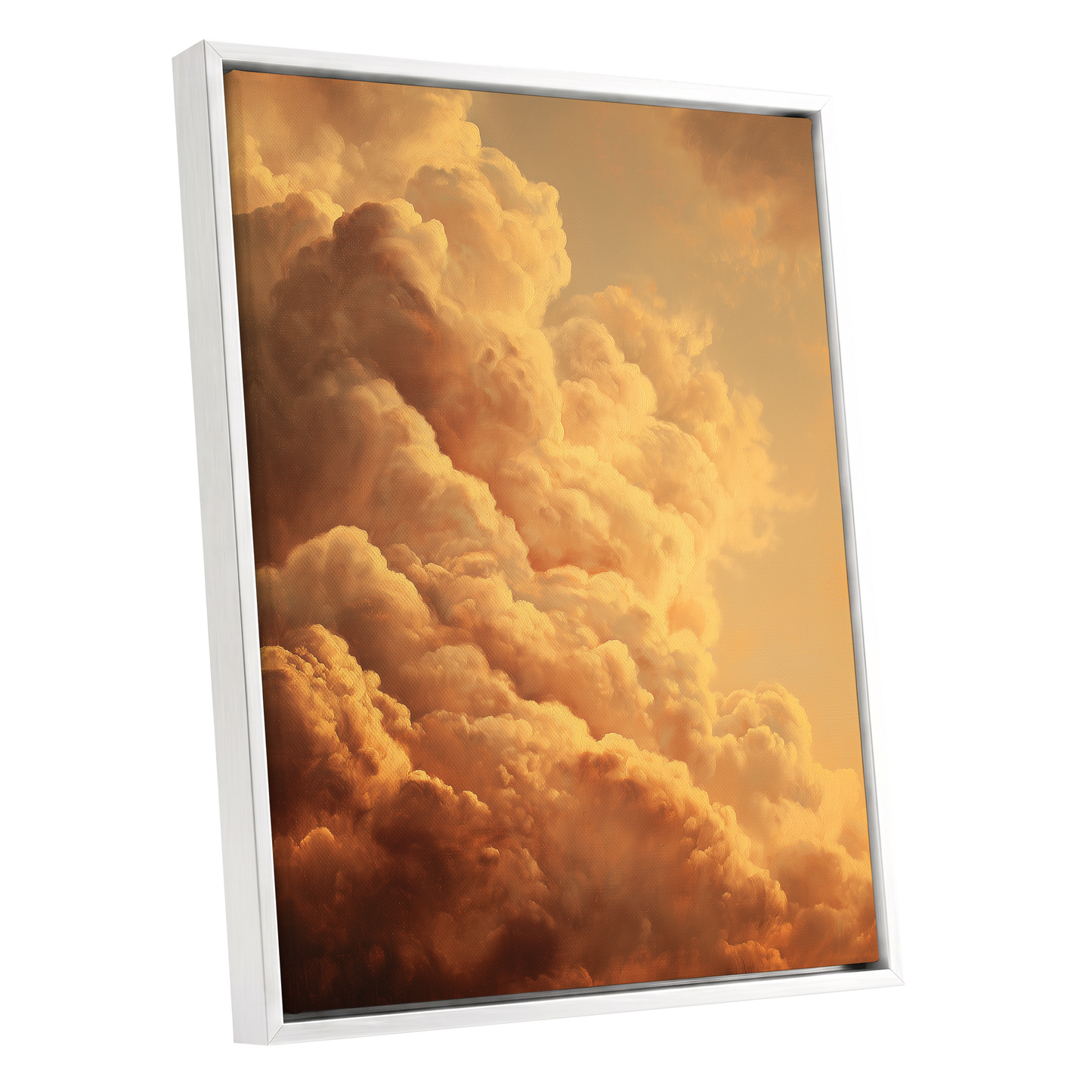 Amber Tempest, gold, orange, brown nature wall art shown as a white framed canvas wall art
