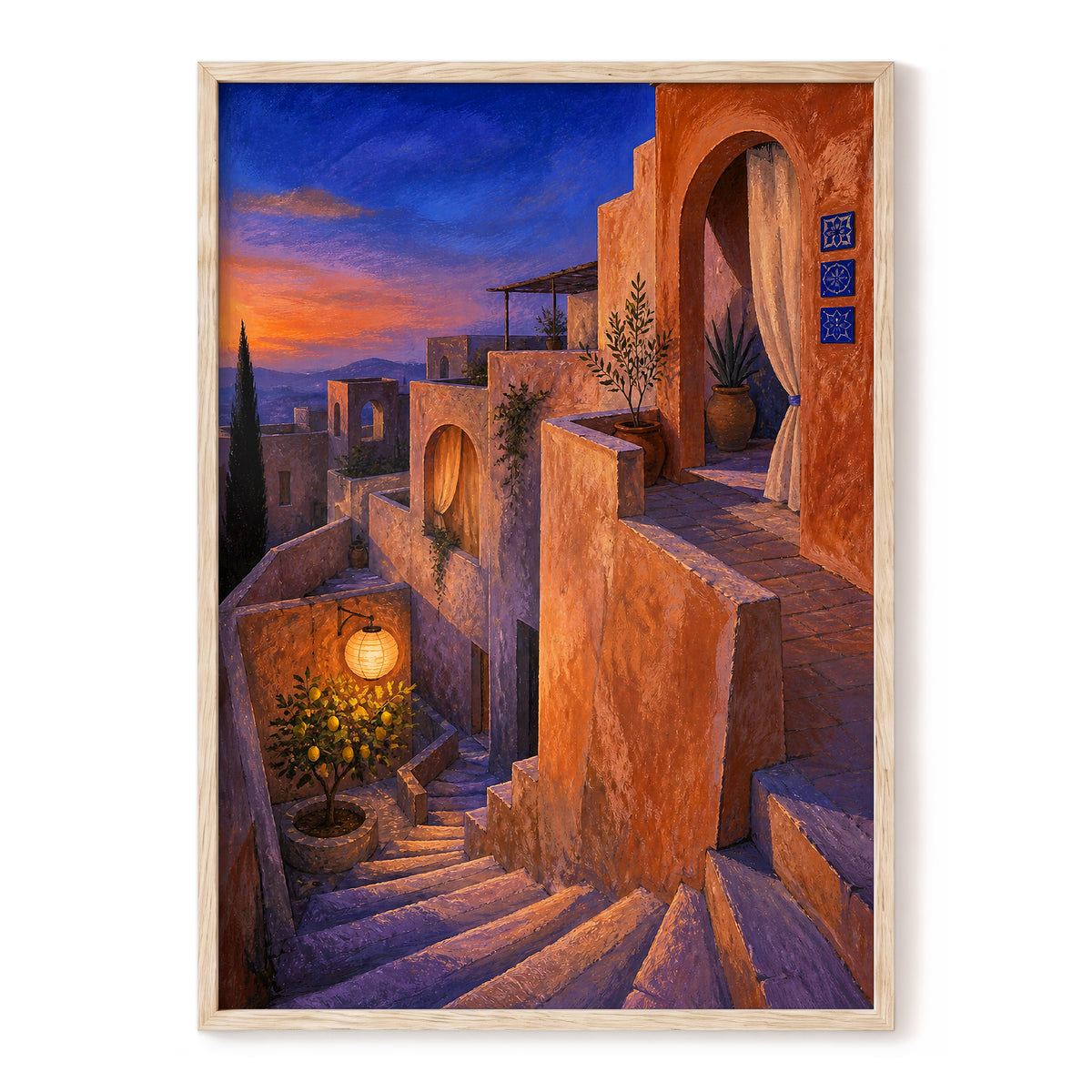 Amber Twilight Steps, orange, blue, purple abstract wall art, front artwork view