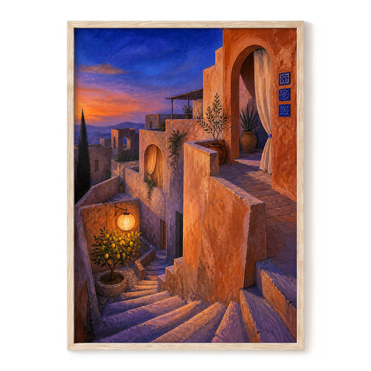 Amber Twilight Steps, orange, blue, purple abstract wall art, front artwork view