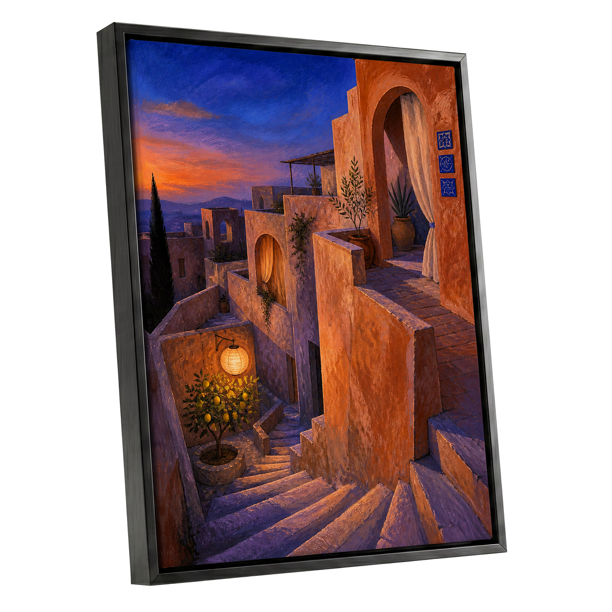 Amber Twilight Steps, orange, blue, purple abstract wall art shown as a black framed canvas wall art