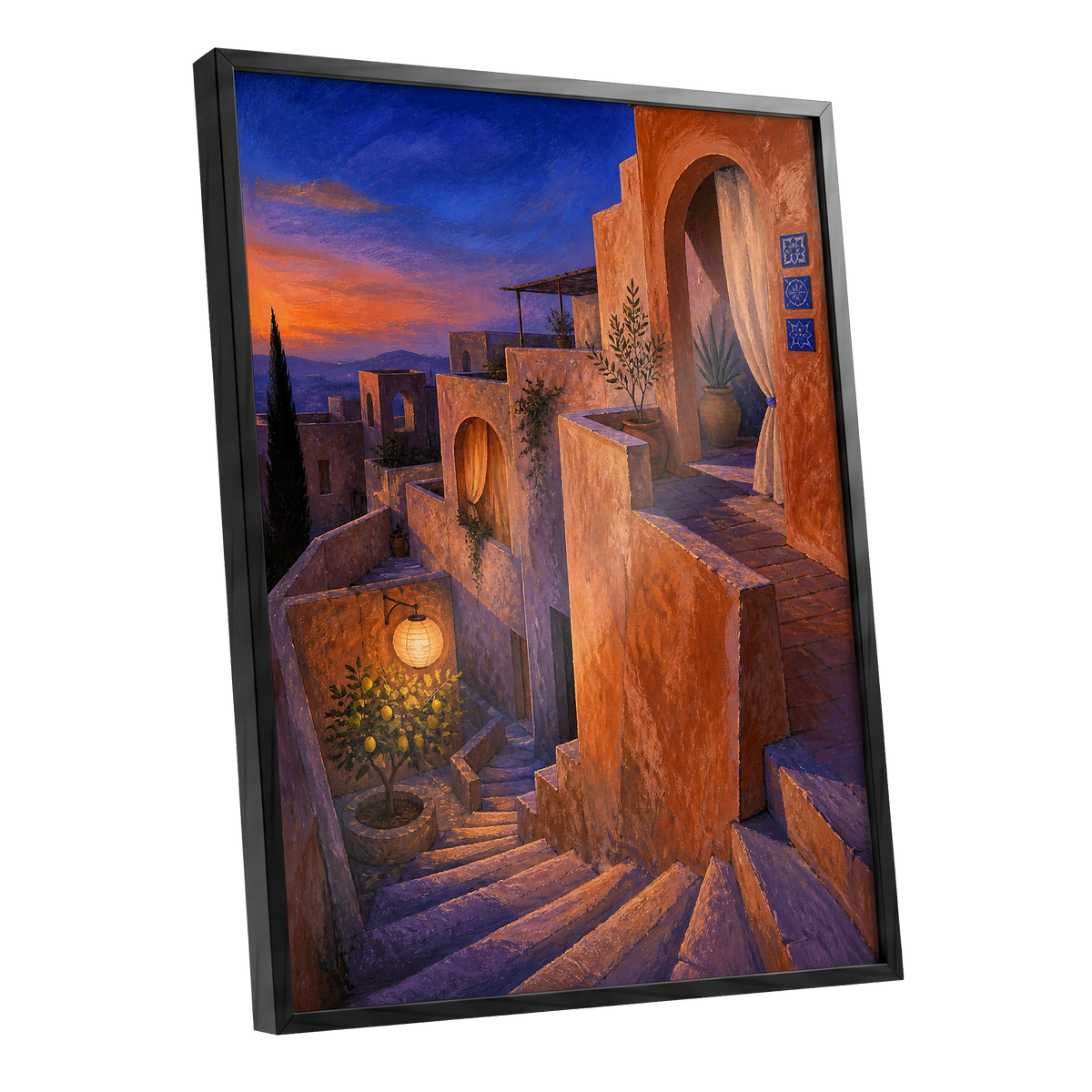 Amber Twilight Steps, orange, blue, purple abstract wall art shown as a black framed poster wall art print