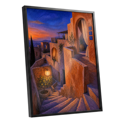 Amber Twilight Steps, orange, blue, purple abstract wall art shown as a black framed poster wall art print
