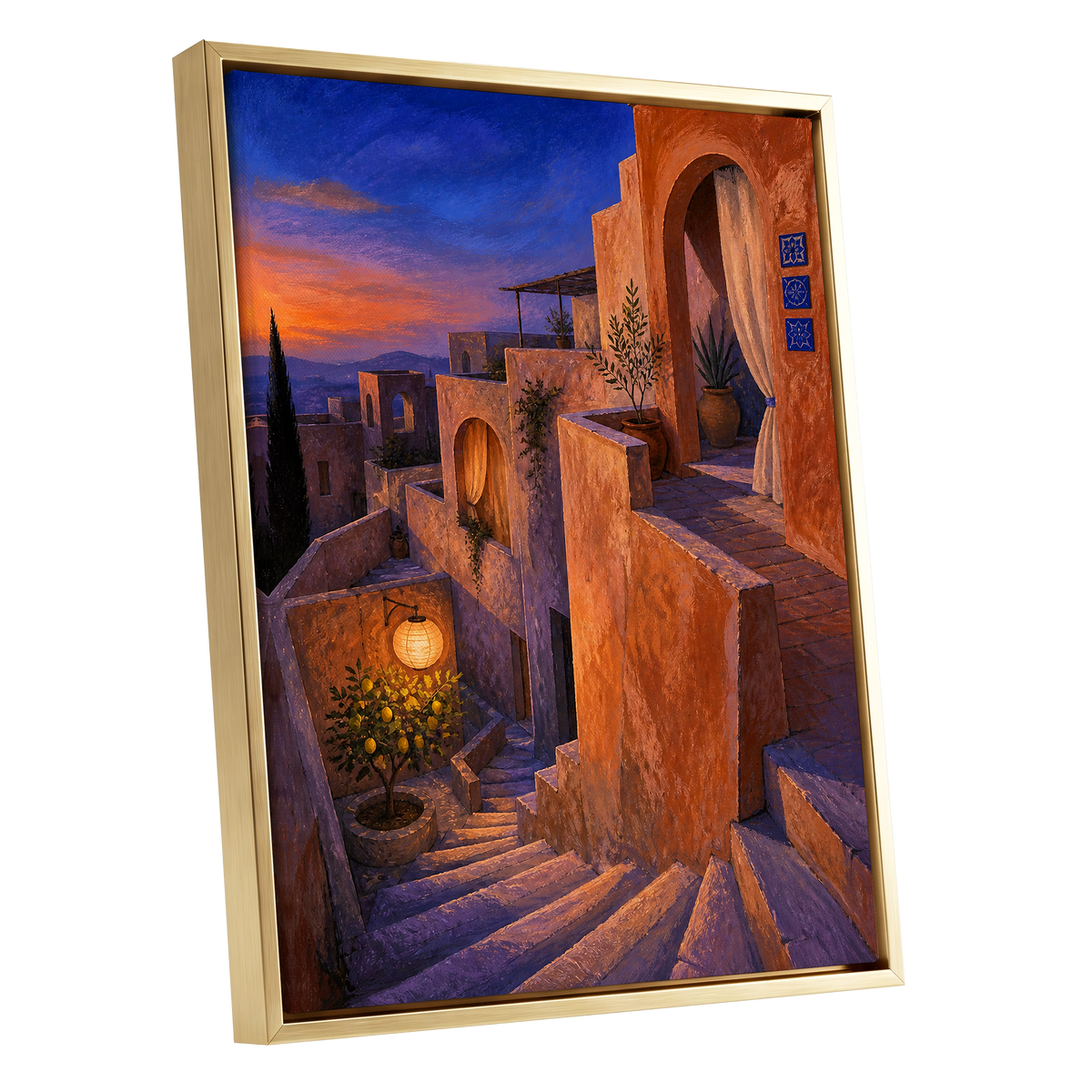 Amber Twilight Steps, orange, blue, purple abstract wall art shown as a gold framed canvas wall art