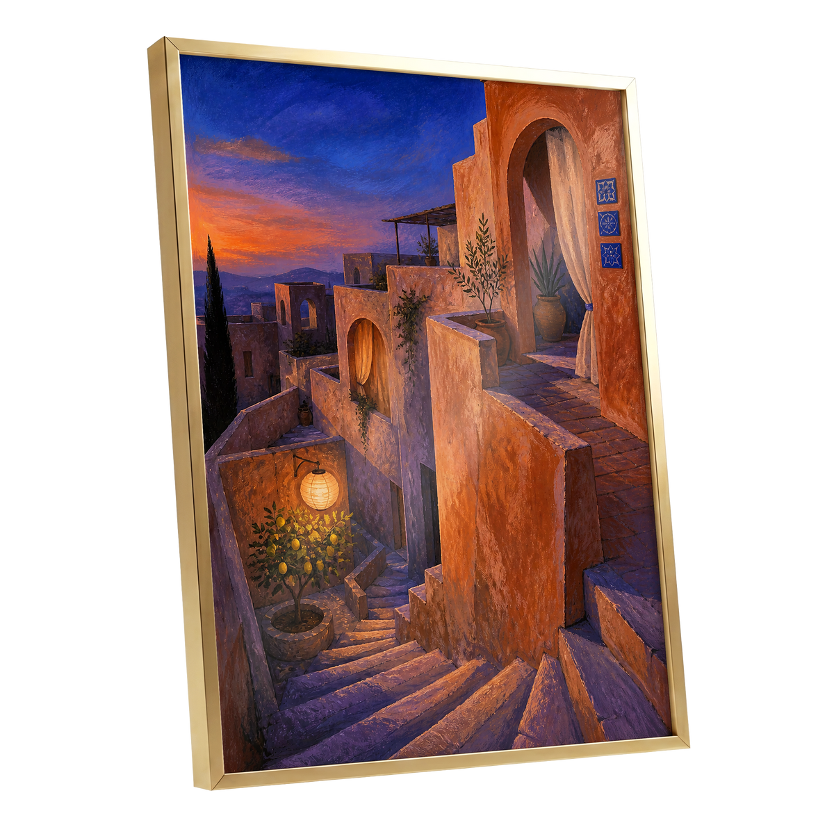 Amber Twilight Steps, orange, blue, purple abstract wall art shown as a gold framed poster wall art print