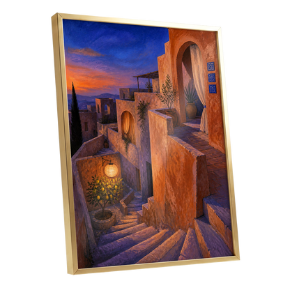 Amber Twilight Steps, orange, blue, purple abstract wall art shown as a gold framed poster wall art print