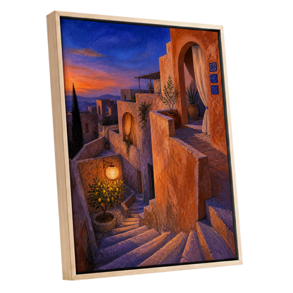 Amber Twilight Steps, orange, blue, purple abstract wall art shown as a oak framed canvas wall art