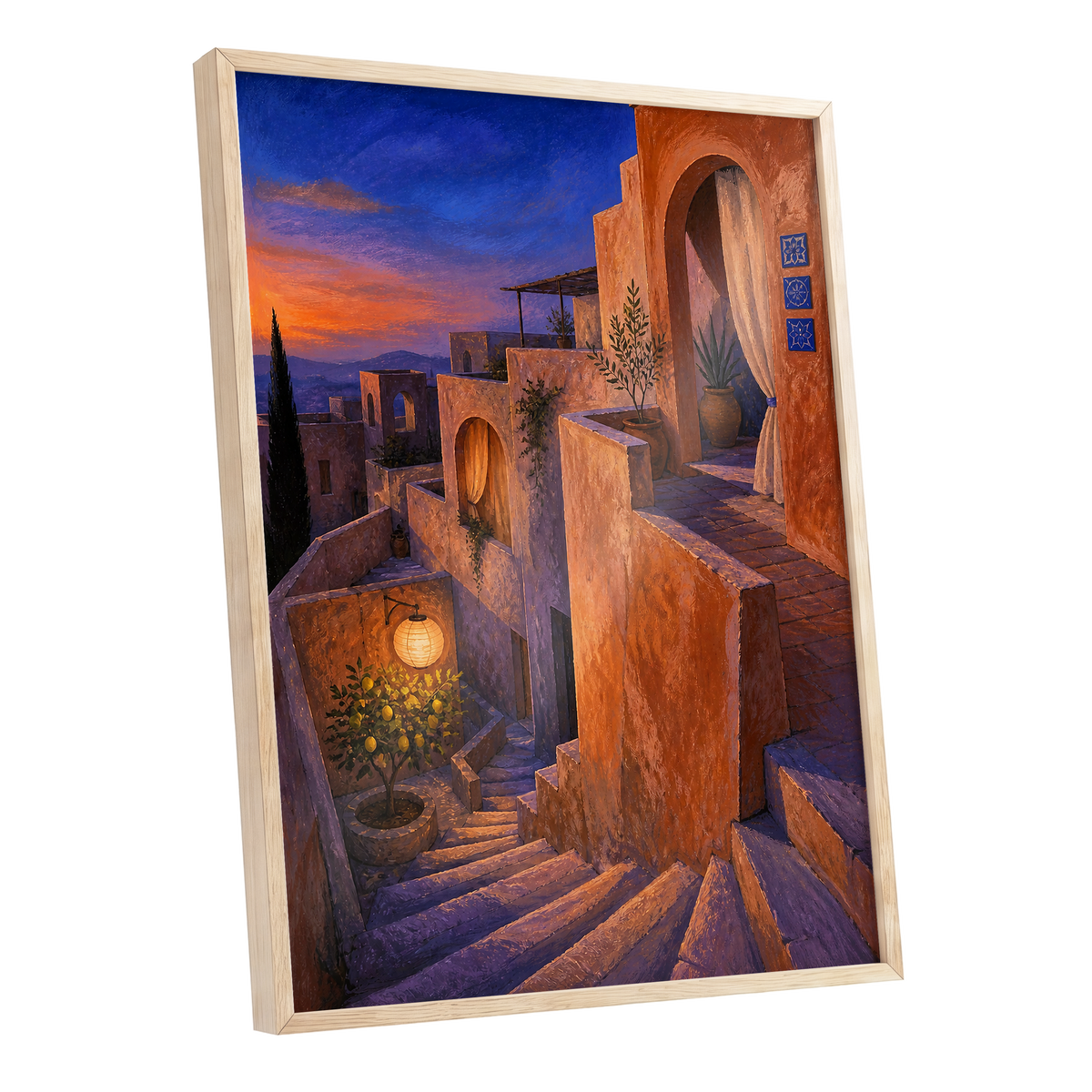 Amber Twilight Steps, orange, blue, purple abstract wall art shown as a oak framed poster wall art print