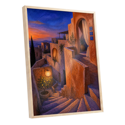 Amber Twilight Steps, orange, blue, purple abstract wall art shown as a oak framed poster wall art print