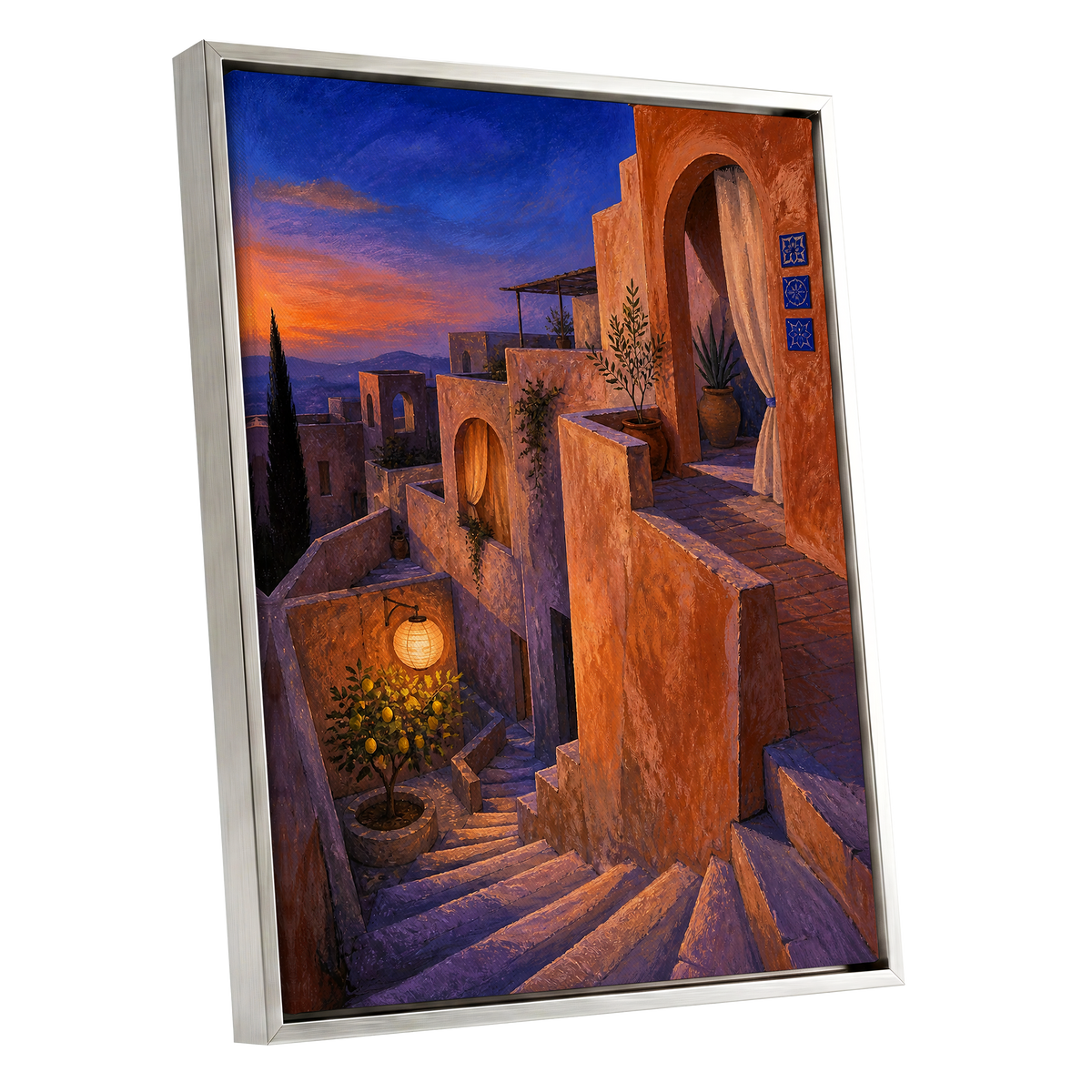 Amber Twilight Steps, orange, blue, purple abstract wall art shown as a silver framed canvas wall art