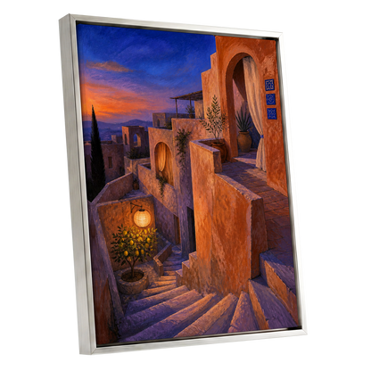 Amber Twilight Steps, orange, blue, purple abstract wall art shown as a silver framed canvas wall art