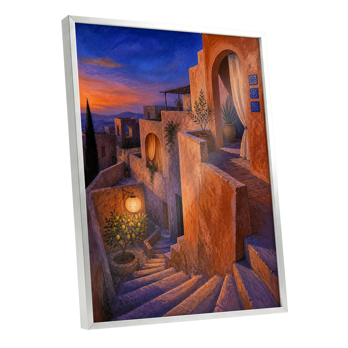 Amber Twilight Steps, orange, blue, purple abstract wall art shown as a silver framed poster wall art print