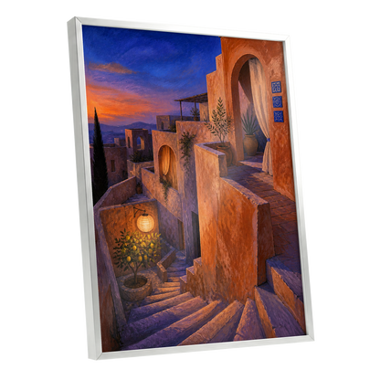 Amber Twilight Steps, orange, blue, purple abstract wall art shown as a silver framed poster wall art print