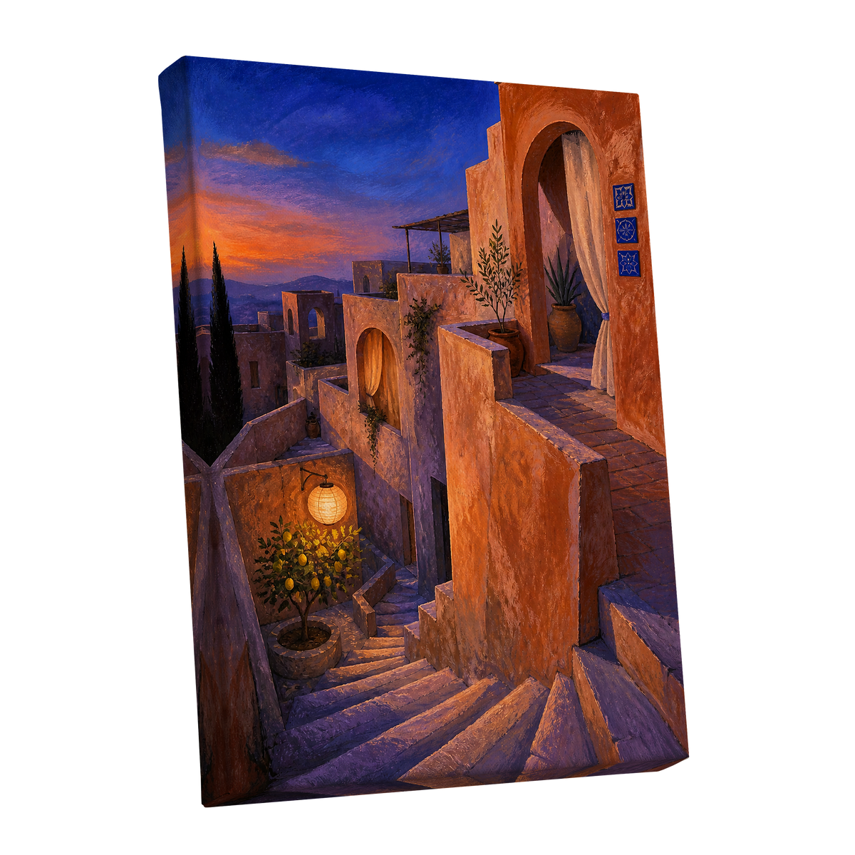 Amber Twilight Steps, orange, blue, purple abstract wall art shown as a stretched canvas wall art