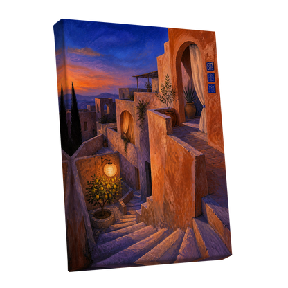 Amber Twilight Steps, orange, blue, purple abstract wall art shown as a stretched canvas wall art