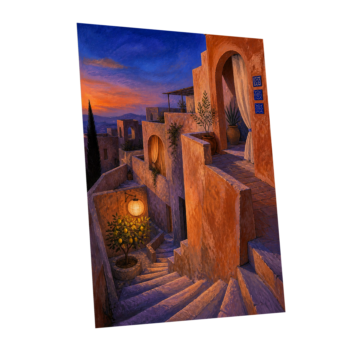 Amber Twilight Steps, orange, blue, purple abstract wall art shown as a unframed poster wall art print