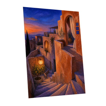 Amber Twilight Steps, orange, blue, purple abstract wall art shown as a unframed poster wall art print