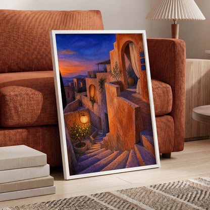 Amber Twilight Steps, orange, blue, purple abstract wall art displayed in a styled interior, gallery view 2
