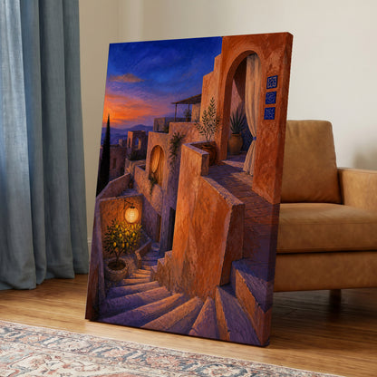 Amber Twilight Steps, orange, blue, purple abstract wall art displayed in a styled interior, gallery view 3
