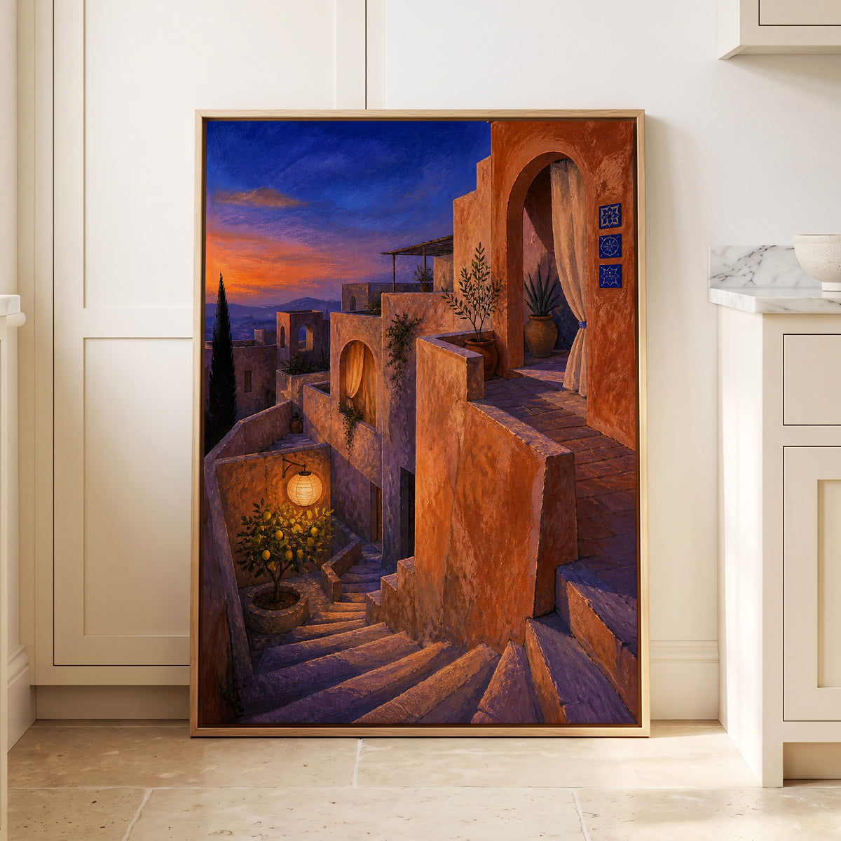 Amber Twilight Steps, orange, blue, purple abstract wall art displayed in a styled interior, gallery view 4