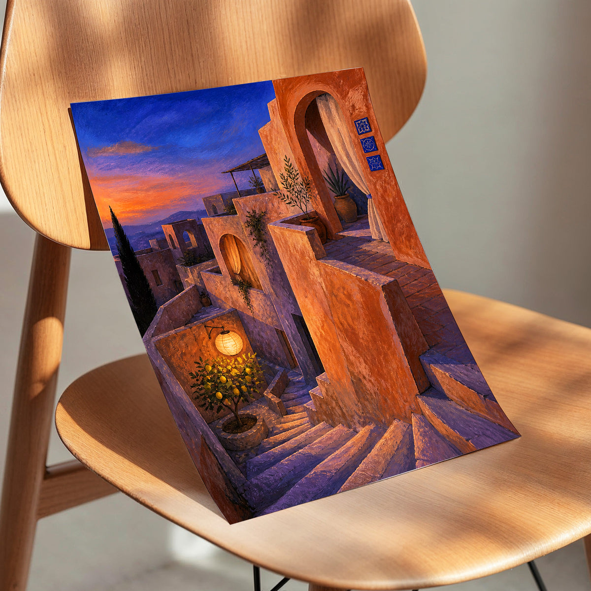 Amber Twilight Steps, orange, blue, purple abstract wall art displayed in a styled interior, gallery view 5