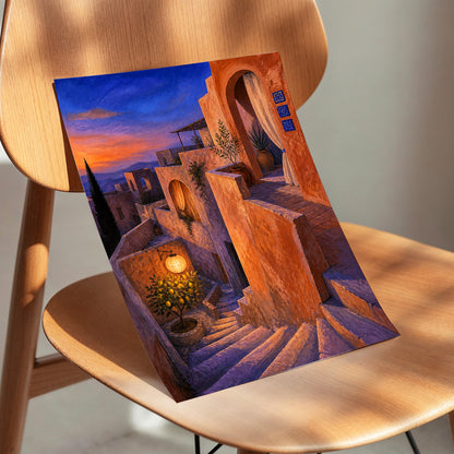 Amber Twilight Steps, orange, blue, purple abstract wall art displayed in a styled interior, gallery view 5