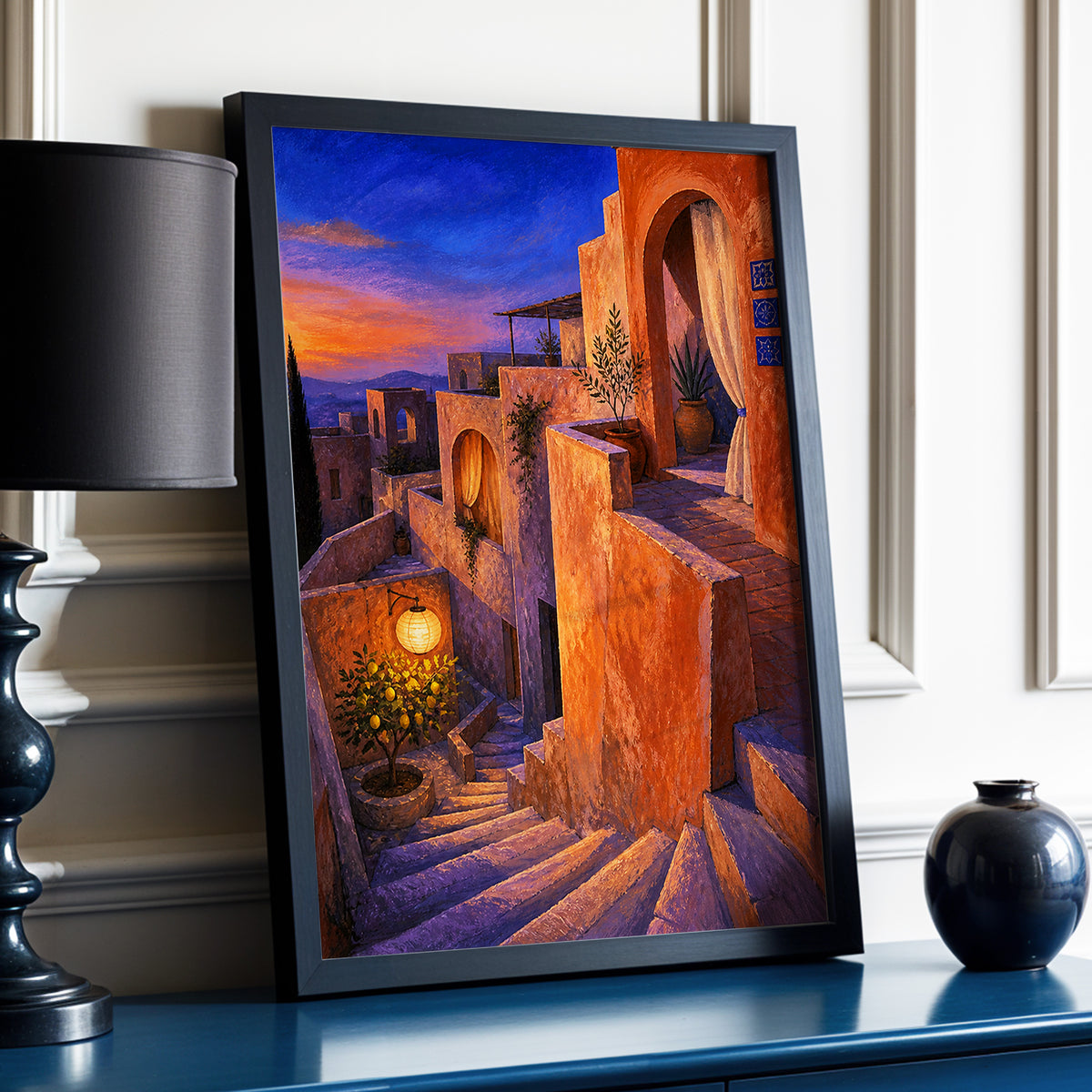 Amber Twilight Steps, orange, blue, purple abstract wall art displayed in a styled interior, gallery view 6