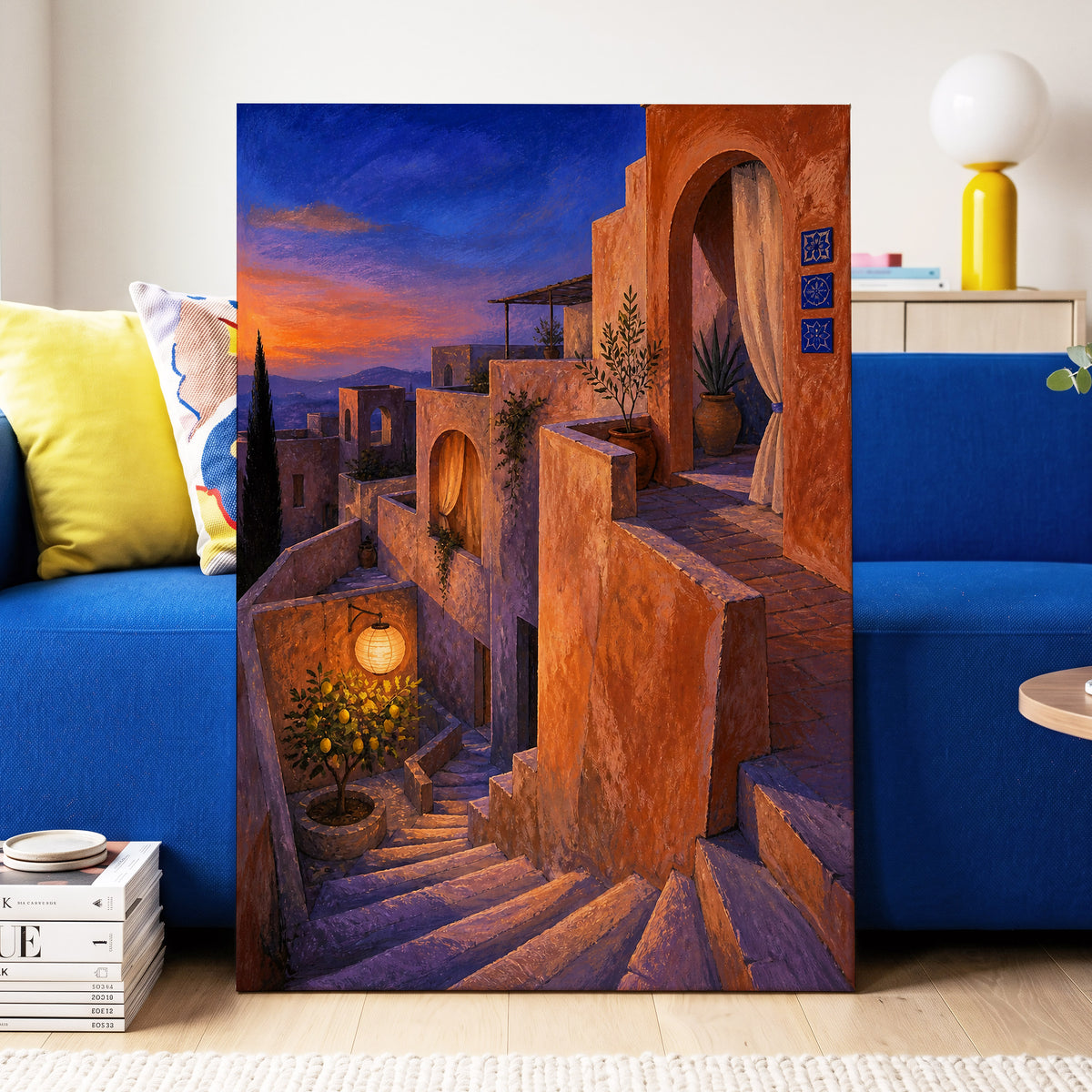 Amber Twilight Steps, orange, blue, purple abstract wall art displayed in a styled interior, gallery view 7
