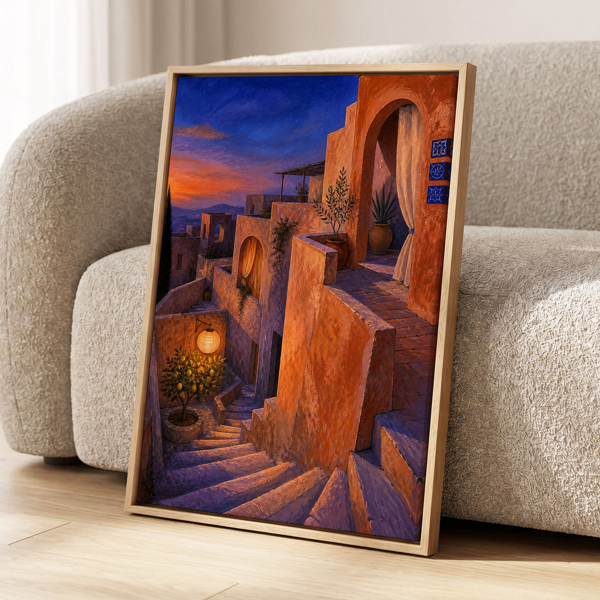 Amber Twilight Steps, orange, blue, purple abstract wall art displayed in a styled interior, gallery view 8
