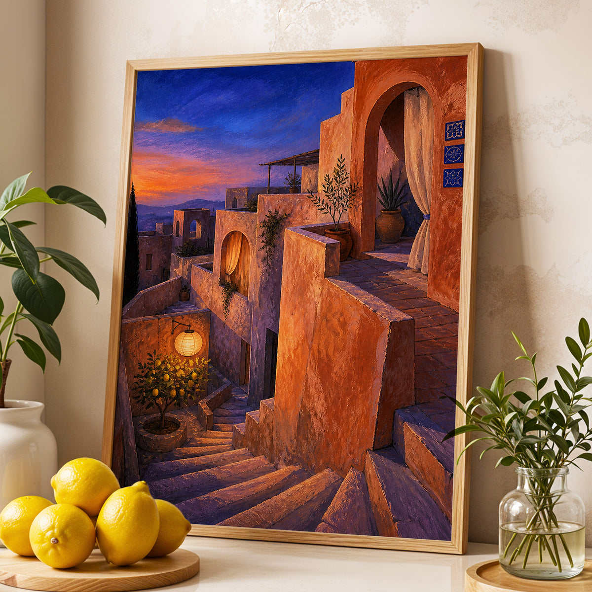 Amber Twilight Steps, orange, blue, purple abstract wall art displayed in a styled interior, gallery view 9