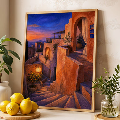 Amber Twilight Steps, orange, blue, purple abstract wall art displayed in a styled interior, gallery view 9